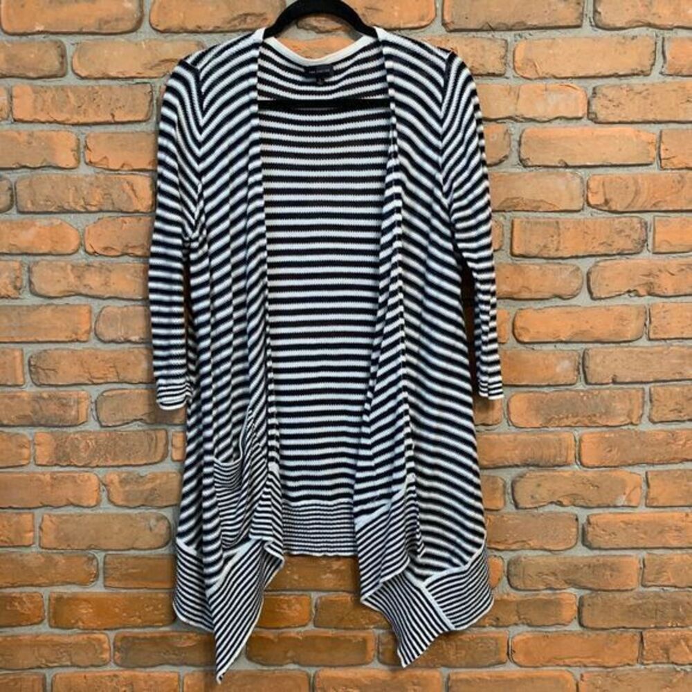 The Limited Womens Large Cardigan Navy White Striped Open Asymmetrical Hem‎ Knit